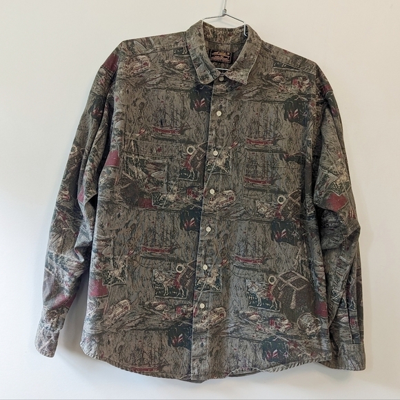 Vintage Eddie Bauer Canvas Hunter Western Pioneer Print Button Down Shirt - Picture 1 of 14